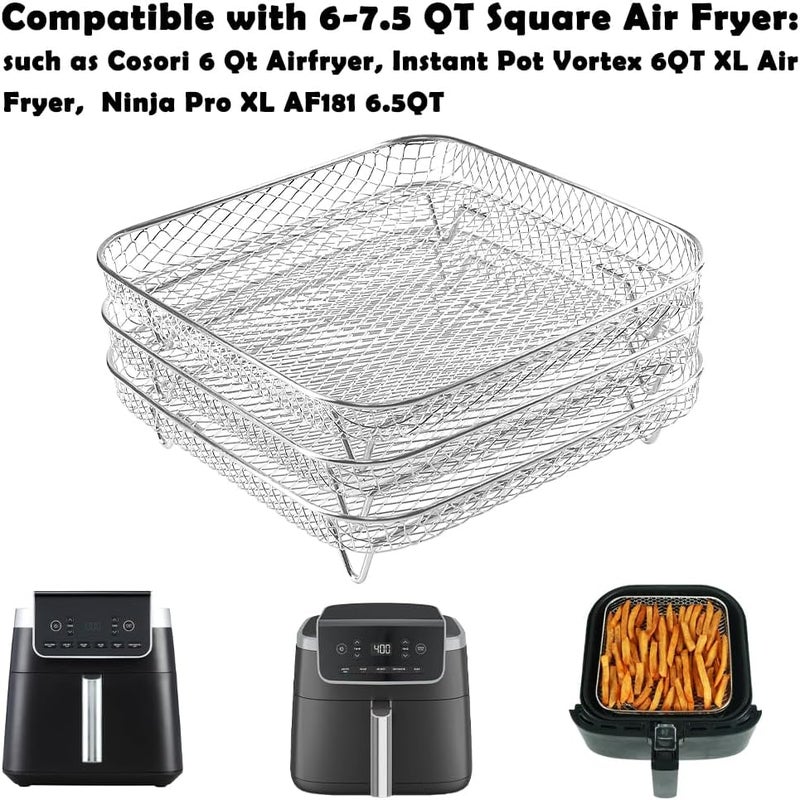 BYKITCHEN 8 inch Square Air Fryer Rack, 3pcs Stackable Stainless Steel Dehydrator Rack with Silicon Feet, Square Air Fryer Accessories for Cosori, Instant Vortex, Ninja Pro XL 6.5 QT AF181 & More - Image 3